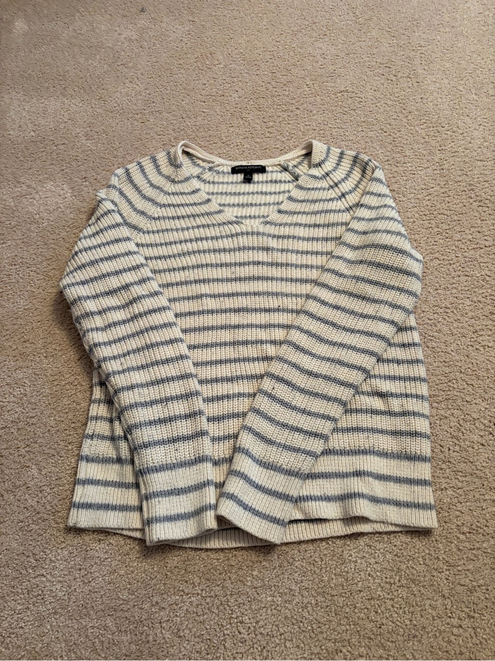 Banana Republic Cream and Light Blue Striped V-Neck Sweater